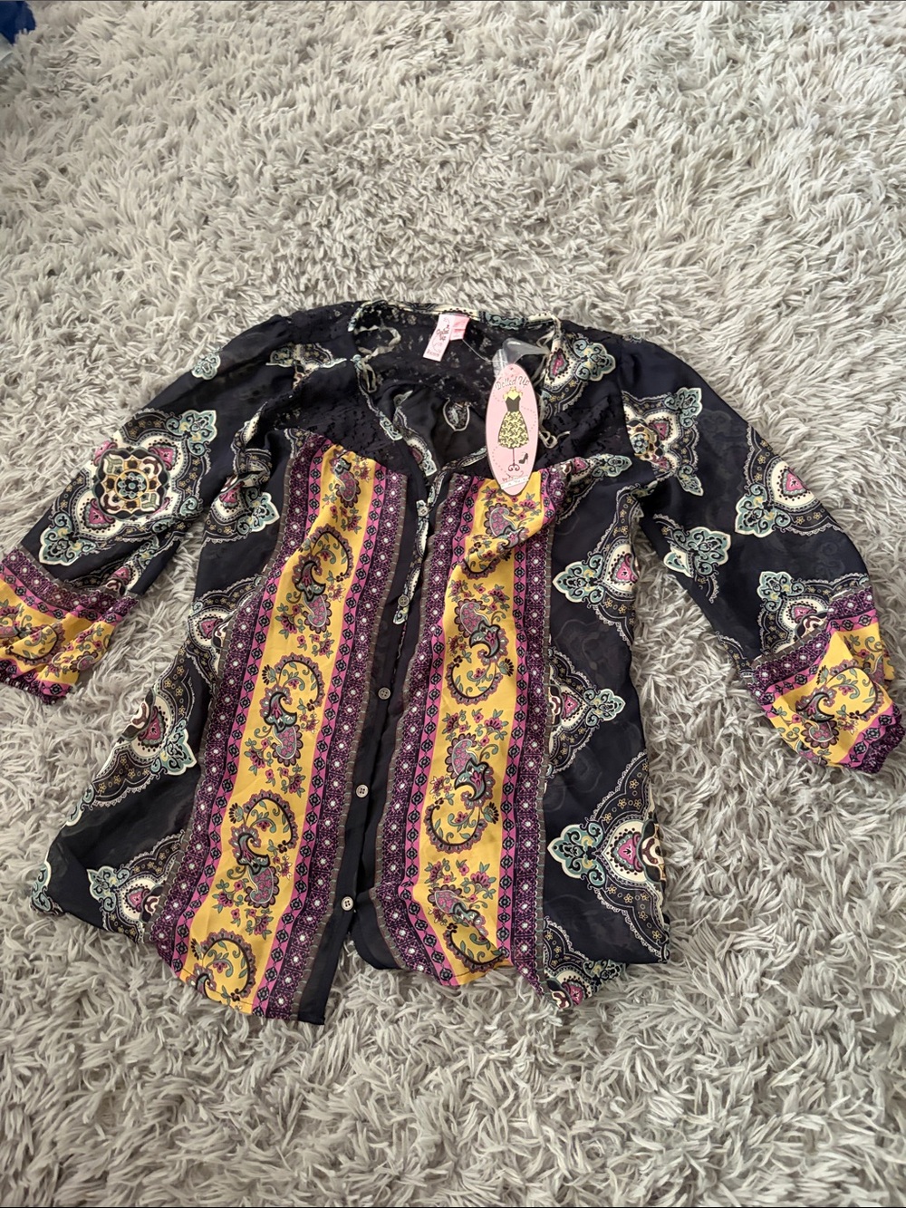 Y2K Dolled Up by FANG Boho Paisley Floral Blouse Sheer Button Up Top